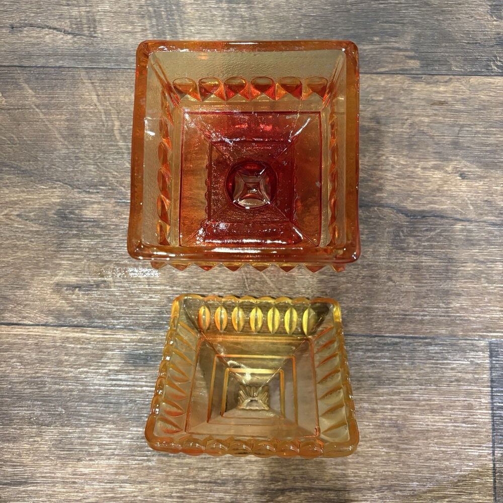 Vintage Amberina Glass Covered Pedestal Square Wedding Box Dish 8.5" - Picture 6 of 8